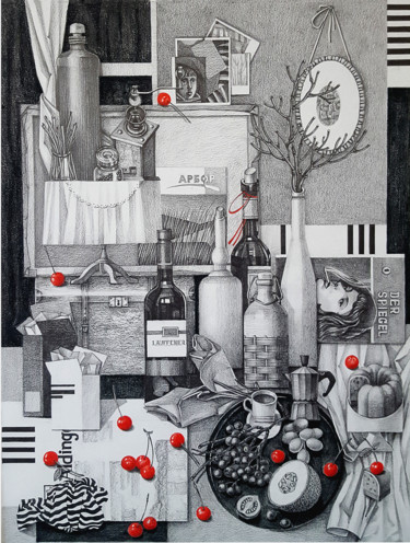 Рисунок под названием "Stillleben mit Kirs…" - Alina Eret, Подлинное произведение искусства, Карандаш