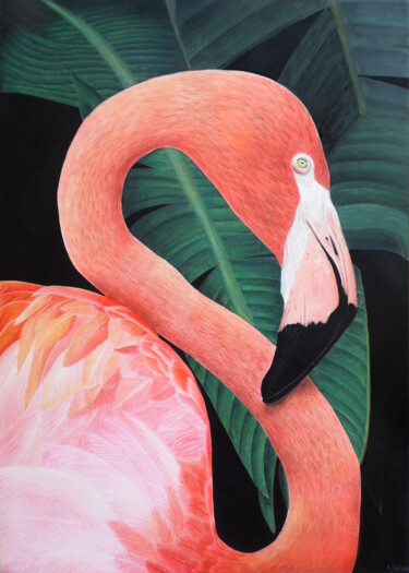 Painting titled "Flamant rose" by Aline Belliard, Original Artwork, Acrylic Mounted on Wood Stretcher frame