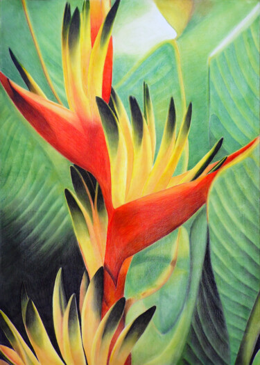Painting titled "Heliconia" by Aline Belliard, Original Artwork, Acrylic Mounted on Wood Stretcher frame