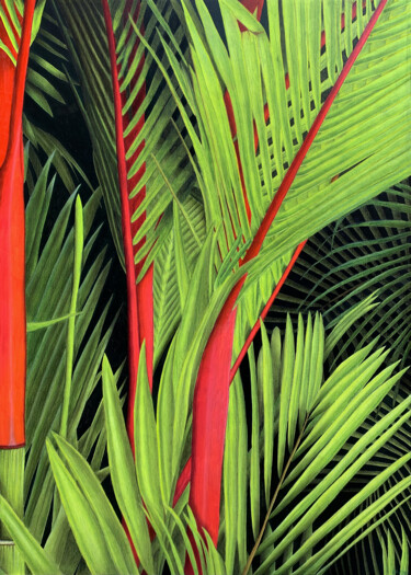 Malerei mit dem Titel "Palmiers rouges" von Aline Belliard, Original-Kunstwerk, Acryl Auf Keilrahmen aus Holz montiert