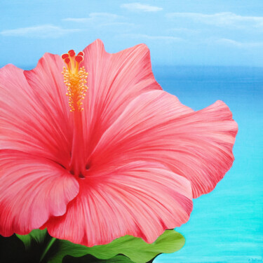 Painting titled "Hibiscus" by Aline Belliard, Original Artwork, Acrylic Mounted on Wood Stretcher frame