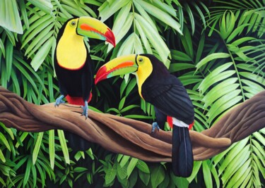 Painting titled "Rencontre tropicale" by Aline Belliard, Original Artwork, Acrylic Mounted on Wood Stretcher frame