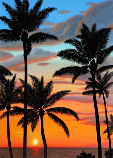Painting titled "Sunset paradise" by Aline Belliard, Original Artwork, Acrylic Mounted on Wood Stretcher frame