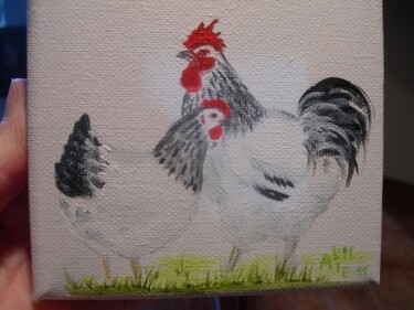 Peinture intitulée "coq et poule" par Aline Guichard Belleville, Œuvre d'art originale, Huile