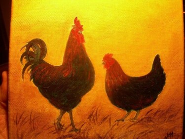 Peinture intitulée "coq et sa poule" par Aline Guichard Belleville, Œuvre d'art originale, Huile