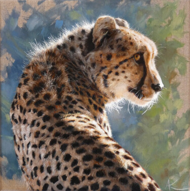 Painting titled "Guépard" by Aline Kirrmann, Original Artwork, Oil Mounted on Wood Stretcher frame