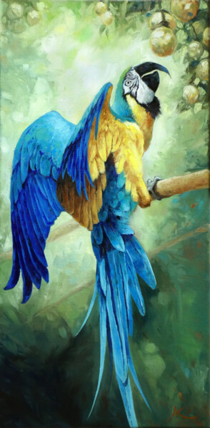 Painting titled "Ara bleu et jaune a…" by Aline Kirrmann, Original Artwork, Oil Mounted on Wood Stretcher frame