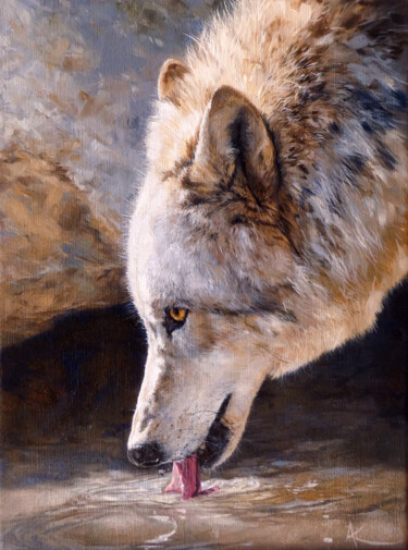 Painting titled "Loup gris" by Aline Kirrmann, Original Artwork, Oil Mounted on Wood Stretcher frame