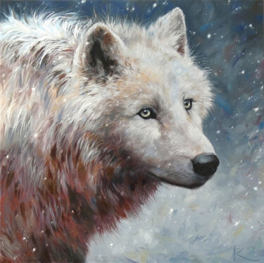 Painting titled "Loup blanc" by Aline Kirrmann, Original Artwork, Oil Mounted on Wood Stretcher frame