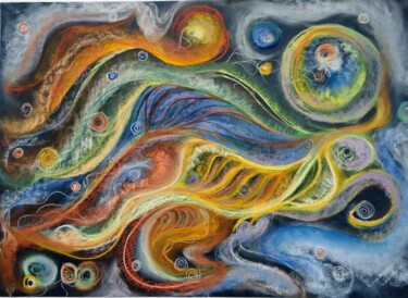 Drawing titled "PLANETE FUSION" by Aline Messiez-Petit, Original Artwork, Pastel Mounted on Glass