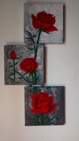 Painting titled "Triptyque roses 2 A…" by Aline Pascal-Terras, Original Artwork, Acrylic