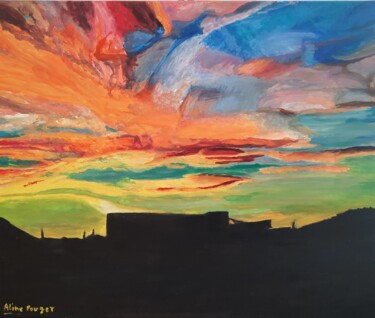 Painting titled "Coucher de soleil" by Aline Pouget, Original Artwork, Oil Mounted on Wood Stretcher frame