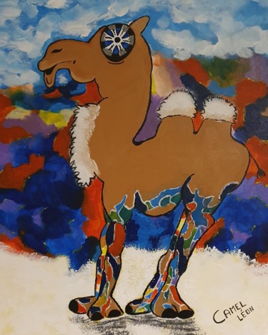 Painting titled "Camel Léon" by Aline Galvez-Fernandez, Original Artwork, Acrylic Mounted on Wood Stretcher frame