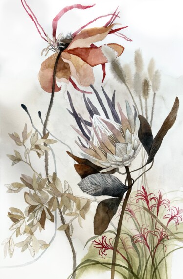 Schilderij getiteld "Protea and poppy fl…" door Alisa Diakova, Origineel Kunstwerk, Aquarel