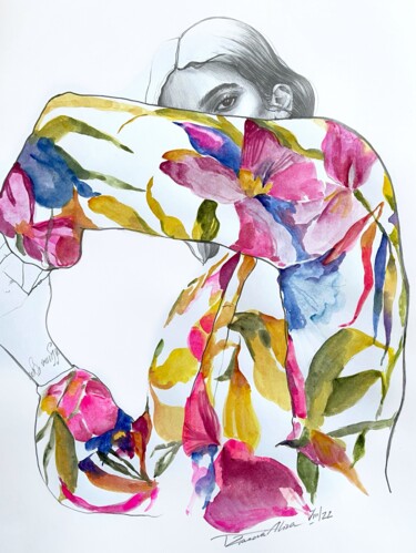 Painting titled "“Dress with flowers”" by Alisa Diakova, Original Artwork, Pencil