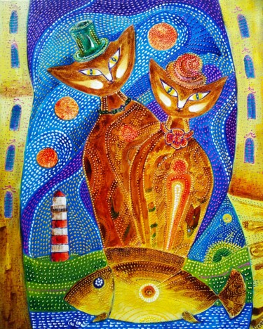 Painting titled "Happiness of cats" by Alisa Lisichkina, Original Artwork, Acrylic