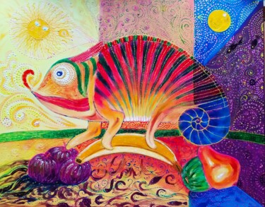 Malerei mit dem Titel "Chameleon" von Alisa Lisichkina, Original-Kunstwerk, Acryl Auf Keilrahmen aus Holz montiert