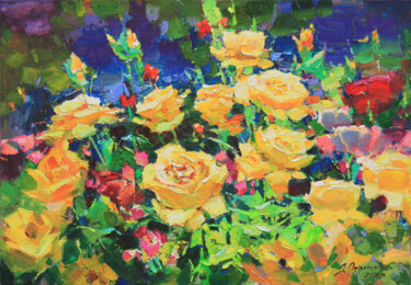 Malarstwo zatytułowany „Yellow roses” autorstwa Alisa Onipchenko-Cherniakovska, Oryginalna praca, Olej Zamontowany na Drewni…