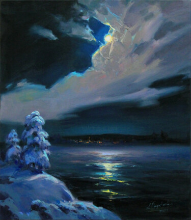 Pittura intitolato "Winter night" da Alisa Onipchenko-Cherniakovska, Opera d'arte originale, Olio Montato su Telaio per bare…