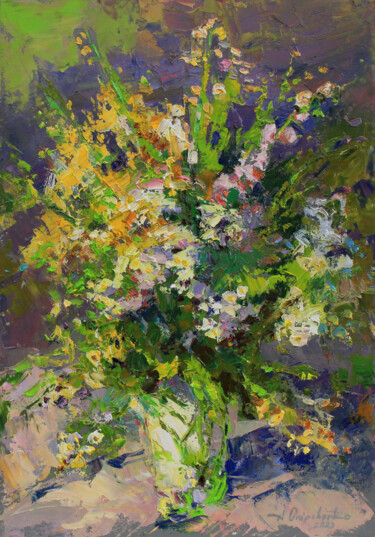 Painting titled "Wild flowers bouquet" by Alisa Onipchenko-Cherniakovska, Original Artwork, Oil Mounted on Other rigid panel