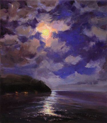 Malarstwo zatytułowany „Night in the bay” autorstwa Alisa Onipchenko-Cherniakovska, Oryginalna praca, Olej Zamontowany na Dr…