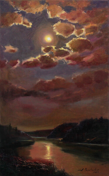 Pittura intitolato "Moon over the river" da Alisa Onipchenko-Cherniakovska, Opera d'arte originale, Olio Montato su Telaio p…