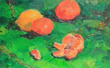 Painting titled "Tangerines on green" by Alisa Onipchenko-Cherniakovska, Original Artwork, Oil Mounted on Other rigid panel