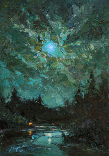 Painting titled "Moon night" by Alisa Onipchenko-Cherniakovska, Original Artwork, Oil Mounted on Other rigid panel