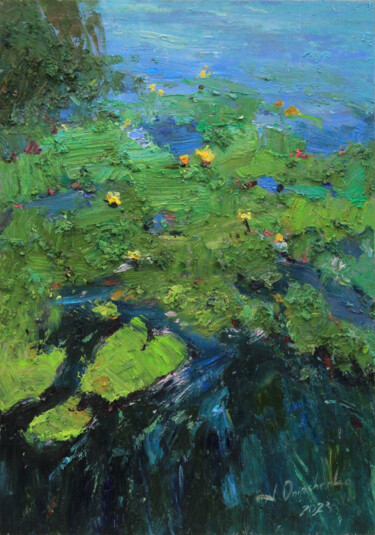 Painting titled "Water lilies pond" by Alisa Onipchenko-Cherniakovska, Original Artwork, Oil Mounted on Other rigid panel