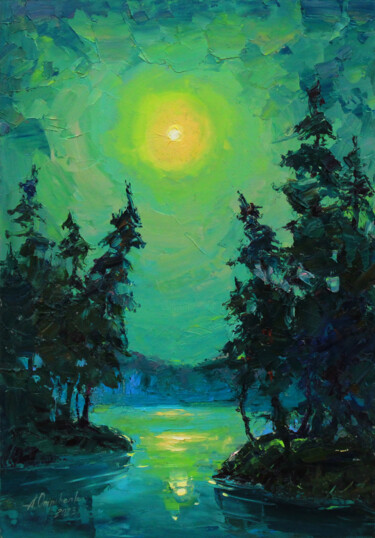 Pintura titulada "Full moon in green" por Alisa Onipchenko-Cherniakovska, Obra de arte original, Oleo Montado en Otro panel…