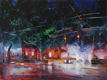 Painting titled "Night street" by Alisa Onipchenko-Cherniakovska, Original Artwork, Oil Mounted on Other rigid panel