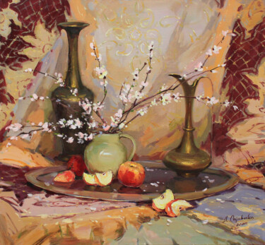 Painting titled "Spring still life" by Alisa Onipchenko-Cherniakovska, Original Artwork, Oil Mounted on Wood Stretcher frame