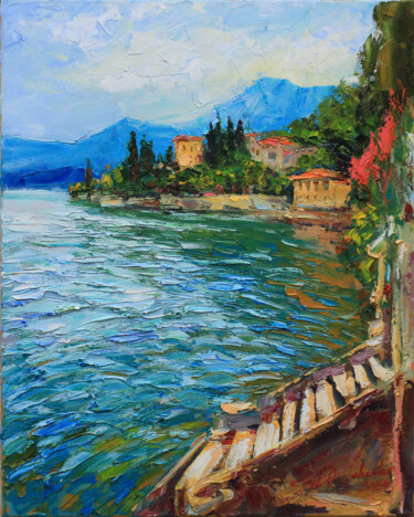 Painting titled "Como Lake" by Alisa Onipchenko-Cherniakovska, Original Artwork, Oil Mounted on Wood Stretcher frame