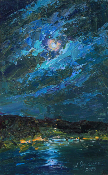 Painting titled "Moon in blue" by Alisa Onipchenko-Cherniakovska, Original Artwork, Oil Mounted on Other rigid panel