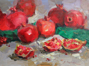 Malerei mit dem Titel "Pomegranate on grey" von Alisa Onipchenko-Cherniakovska, Original-Kunstwerk, Öl Auf Andere starre Pla…