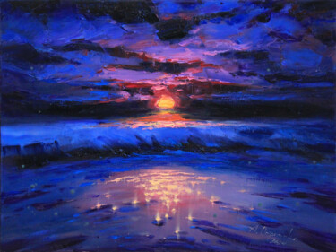 Painting titled "Orange moon" by Alisa Onipchenko-Cherniakovska, Original Artwork, Oil Mounted on Wood Stretcher frame