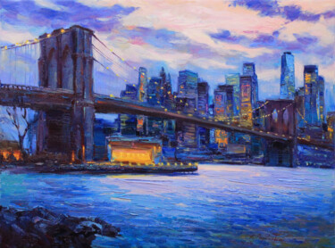 Painting titled "Brooklyn Bridge" by Alisa Onipchenko-Cherniakovska, Original Artwork, Oil Mounted on Wood Stretcher frame