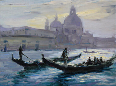 Painting titled "Venice in silver" by Alisa Onipchenko-Cherniakovska, Original Artwork, Oil Mounted on Wood Stretcher frame