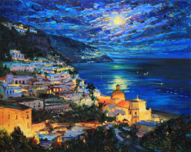 Painting titled "Night Amalfi Coast" by Alisa Onipchenko-Cherniakovska, Original Artwork, Oil Mounted on Wood Stretcher frame