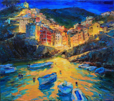 Painting titled "Evening Cinque Terre" by Alisa Onipchenko-Cherniakovska, Original Artwork, Oil Mounted on Wood Stretcher fr…