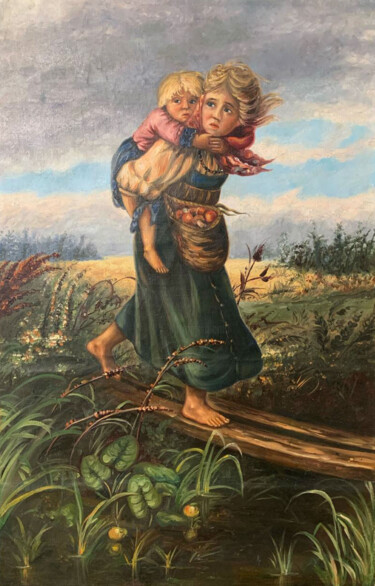 Painting titled "Children in the rain" by Alisa Vovk, Original Artwork, Oil