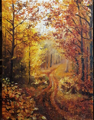 Painting titled "Осень" by Natali Didukh, Original Artwork, Oil Mounted on Wood Stretcher frame