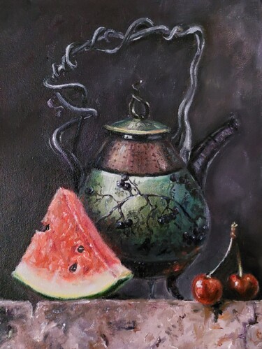 Картина под названием "Натюрморт  с  арбуз…" - Натали  Дидух, Подлинное произведение искусства, Масло