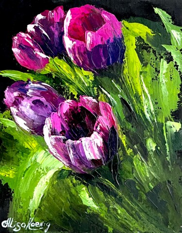 Painting titled "Dark tulips" by Alisa Koenig, Original Artwork, Oil Mounted on Cardboard