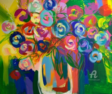 Painting titled "Flowers series. Sti…" by Aliss Nikolina, Original Artwork, Acrylic Mounted on Wood Stretcher frame