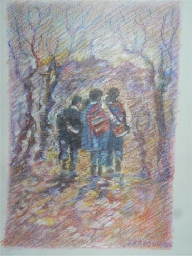 Peinture intitulée "Chemin de l'école" par Tabali, Œuvre d'art originale