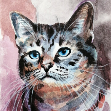 Картина под названием "Lazur 'cat | origin…" - Aliya Bagmanova, Подлинное произведение искусства, Акварель