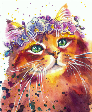 Картина под названием "Ginger cat and orch…" - Aliya Bagmanova, Подлинное произведение искусства, Акварель