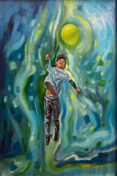 Painting titled "The boy with a gree…" by Aliya Shagieva, Original Artwork, Oil Mounted on Wood Stretcher frame