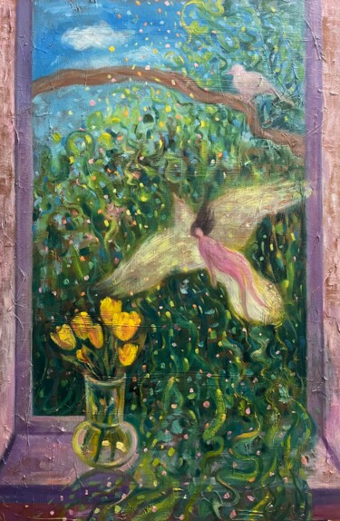 Painting titled "The flight to child…" by Aliya Shagieva, Original Artwork, Oil Mounted on Wood Stretcher frame